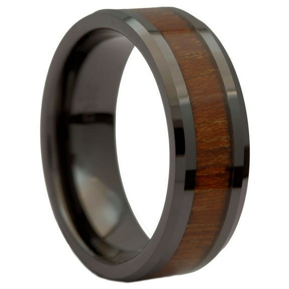 8mm Black Ceramic Wedding Band Natural Acacia Koa Wood Inlay Comfort Fit Ring Size 7