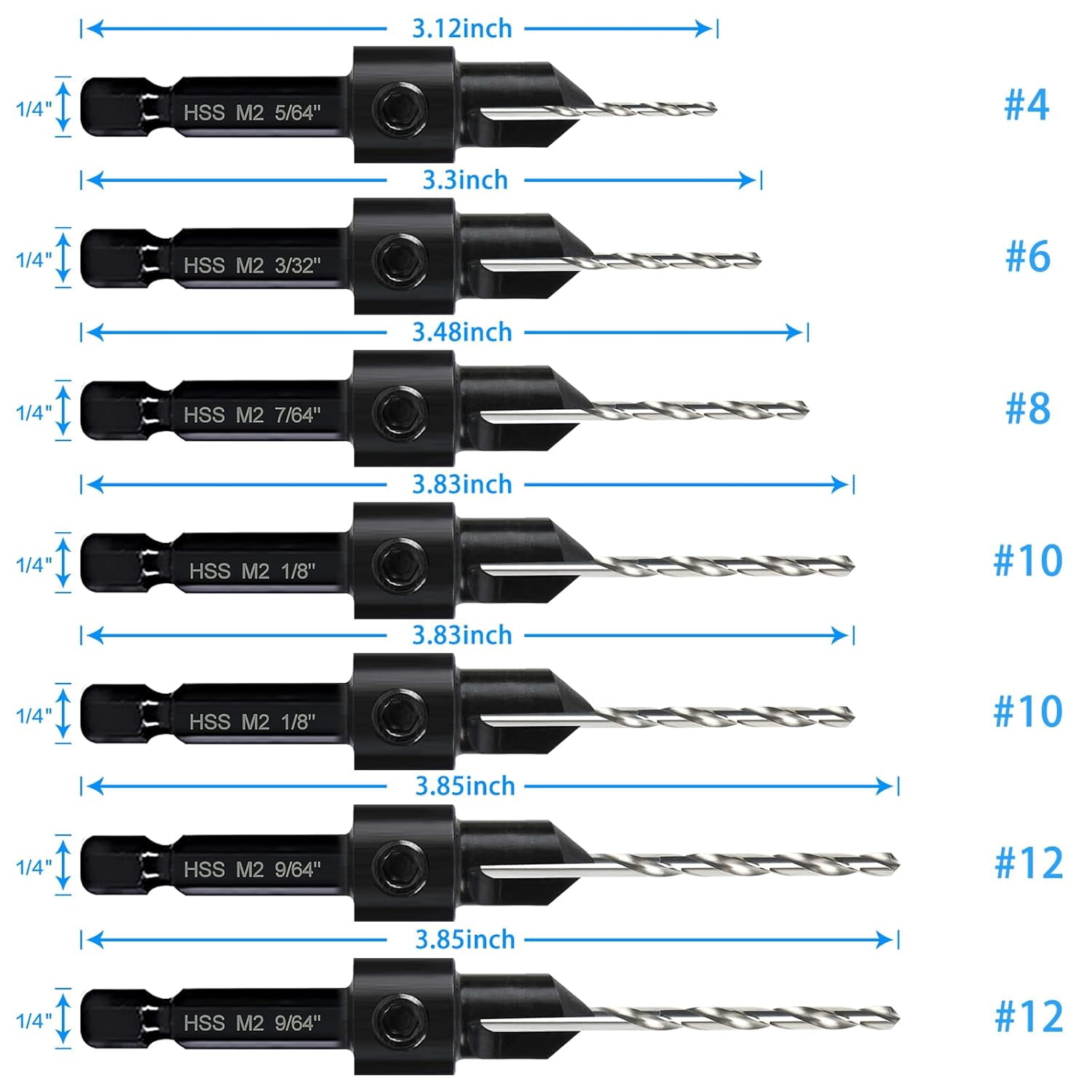 FRKSMD-7 Pcs M2 Countersink Drill Bit Set, 3in1 Wood Pilot Countersink Drill Bits for #4#6#8#10#12 Screws Holes, with Adjustable Depth Stop,Quick Release Hex Shank, 2-Allen Wrench