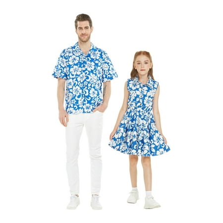 

Matchable Hawaiian Luau Father Daughter Shirt Shirt Dress in Classic Vintage Hibiscus Blue Girl 10