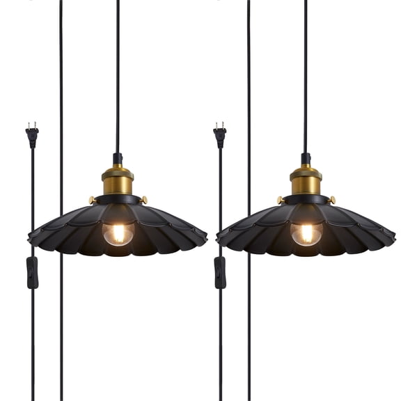 Oyisen Plug in Hanging Light, Vintage Black 9.8 Inch Lampshade 14Ft Plug in Pendant Light for Dining Room and Living Room, Kitchen Island Retro On/Off Switch Hanging Lamp Fixtures 2Pack