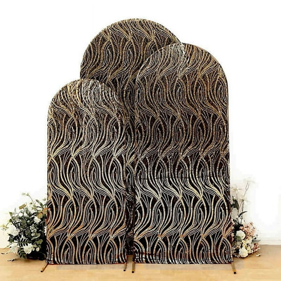 BalsaCircle 3 BLACK GOLD Mesh Round Top Backdrop Stand Covers with Embroidered Wavy Sequins Wedding Party Events