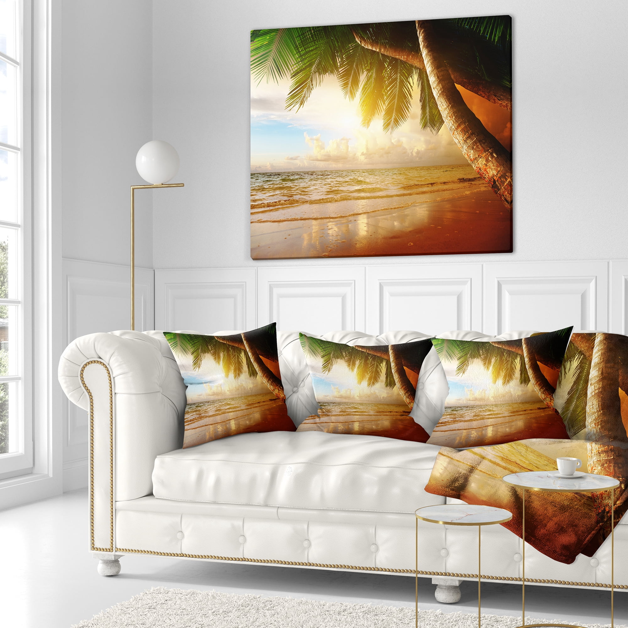Designart Caribbean Beach Sunrise - Landscape Photo Throw Pillow - 18x18
