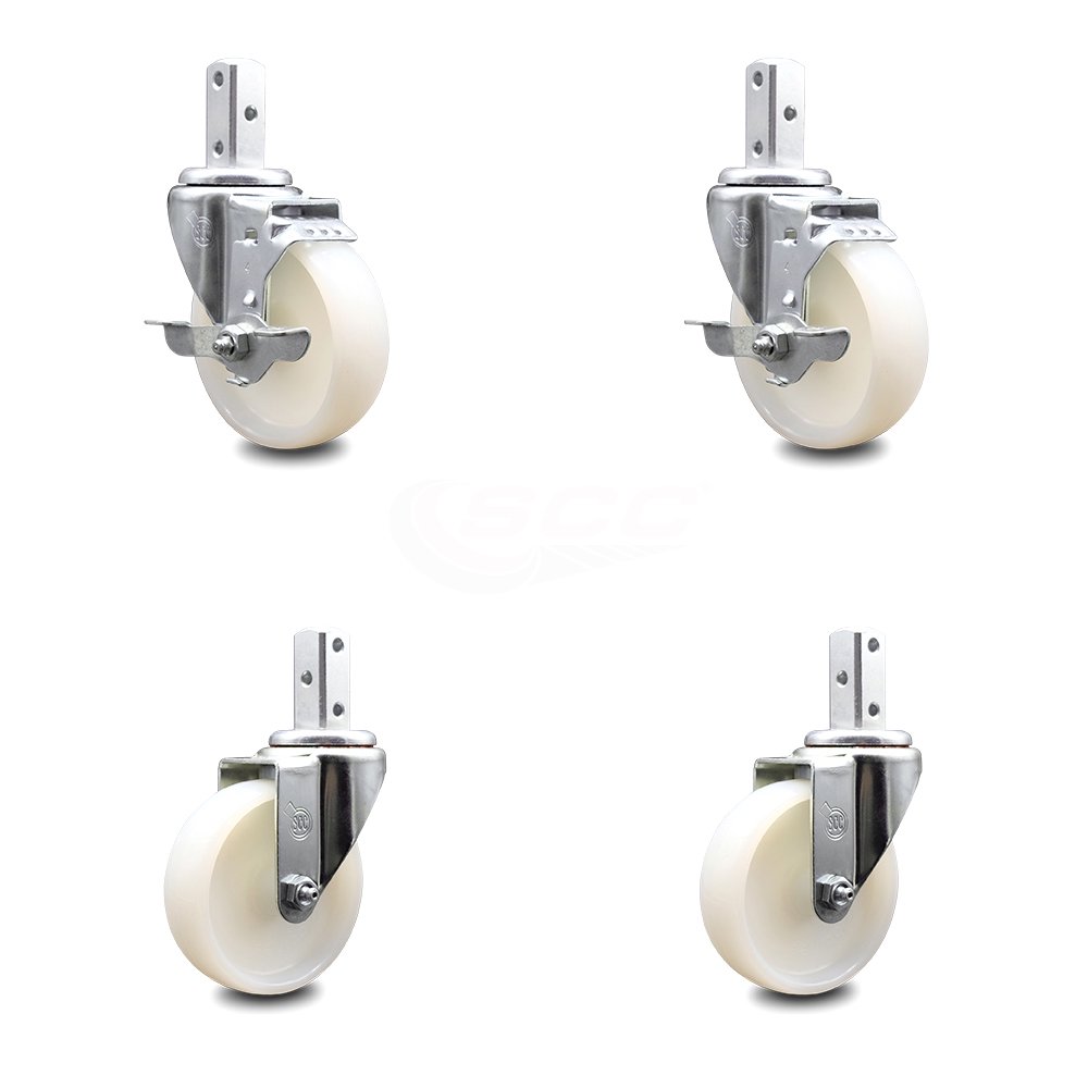 Swivel Square Stem Caster Set 4 w/4” x 1.25” White Nylon Wheel 3/4” x