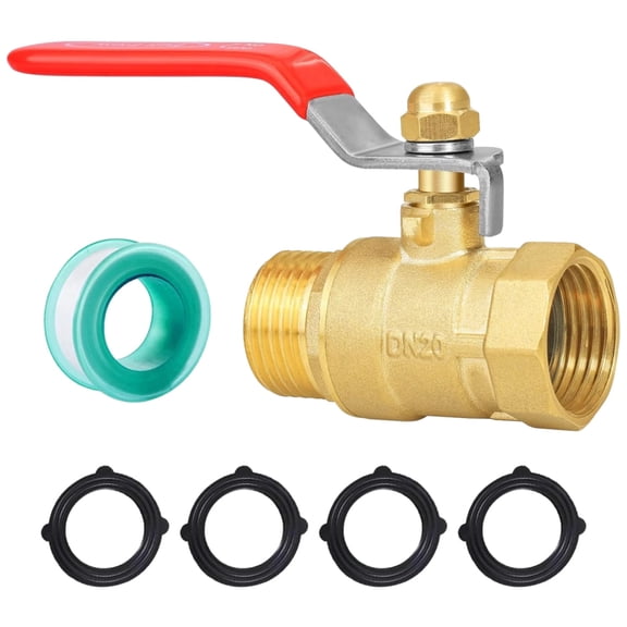 Outdoor 3/4 Inch GHT Garden Hose Shut Off Valve, Brass Construction with Red Metal Handle, Includes Waterproof Seals and Teflon Tape for Leak Prevention