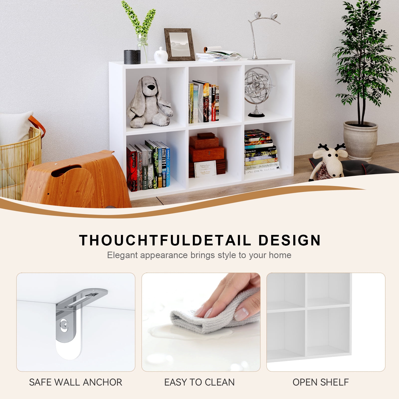 KZElegy 6 Cube Organizer Open Shelf with Anti-Tip Design,Stackable Wood Cubby Bookcase,Toy & Display Bookshelf for Bedroom Living Room, Sturdy Cube Storage Unit,White (1PS)