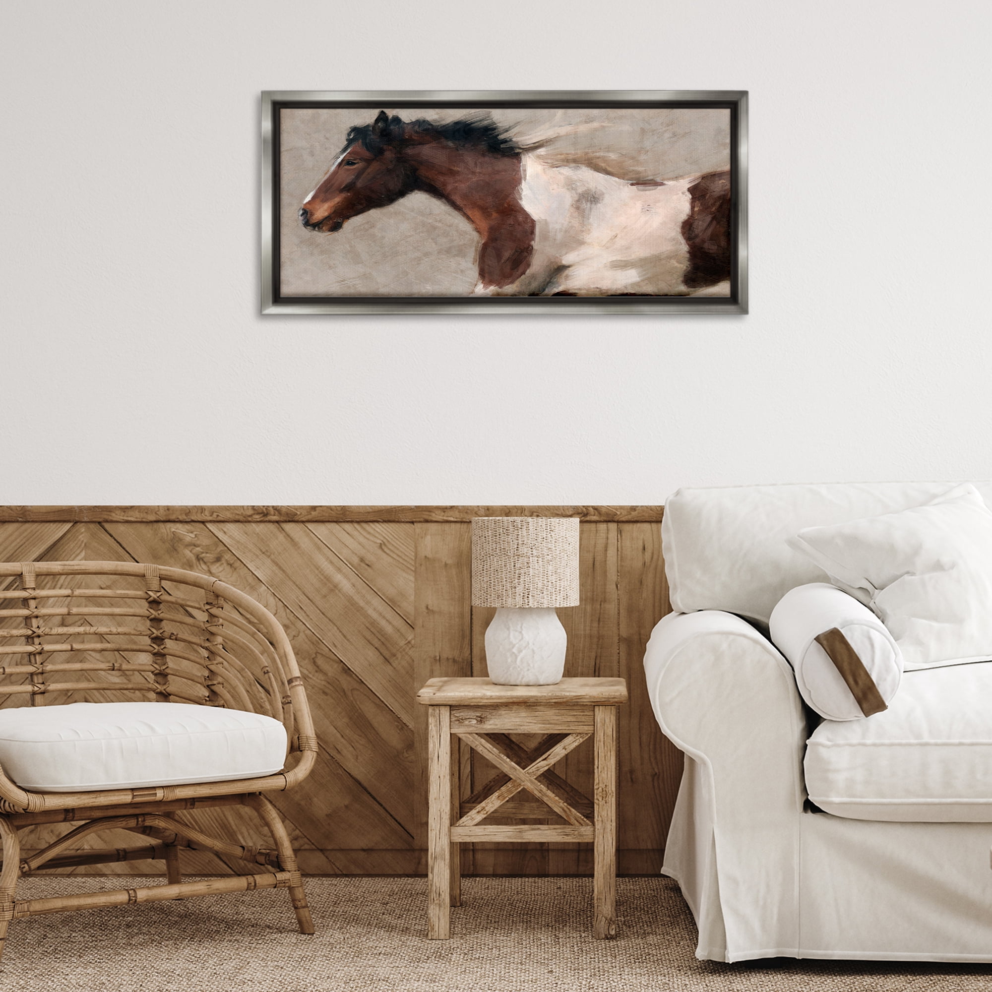 Stupell Industries Brown & White Horse Animals & Insects Painting Gray Floater Framed Canvas Art Print Wall Art, 31 x 14