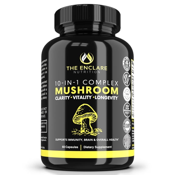 The Enclare Nutrition 10in-1 Nootropic Mushroom Complex Capsules, Memory Focus, Immune Support, 60ct