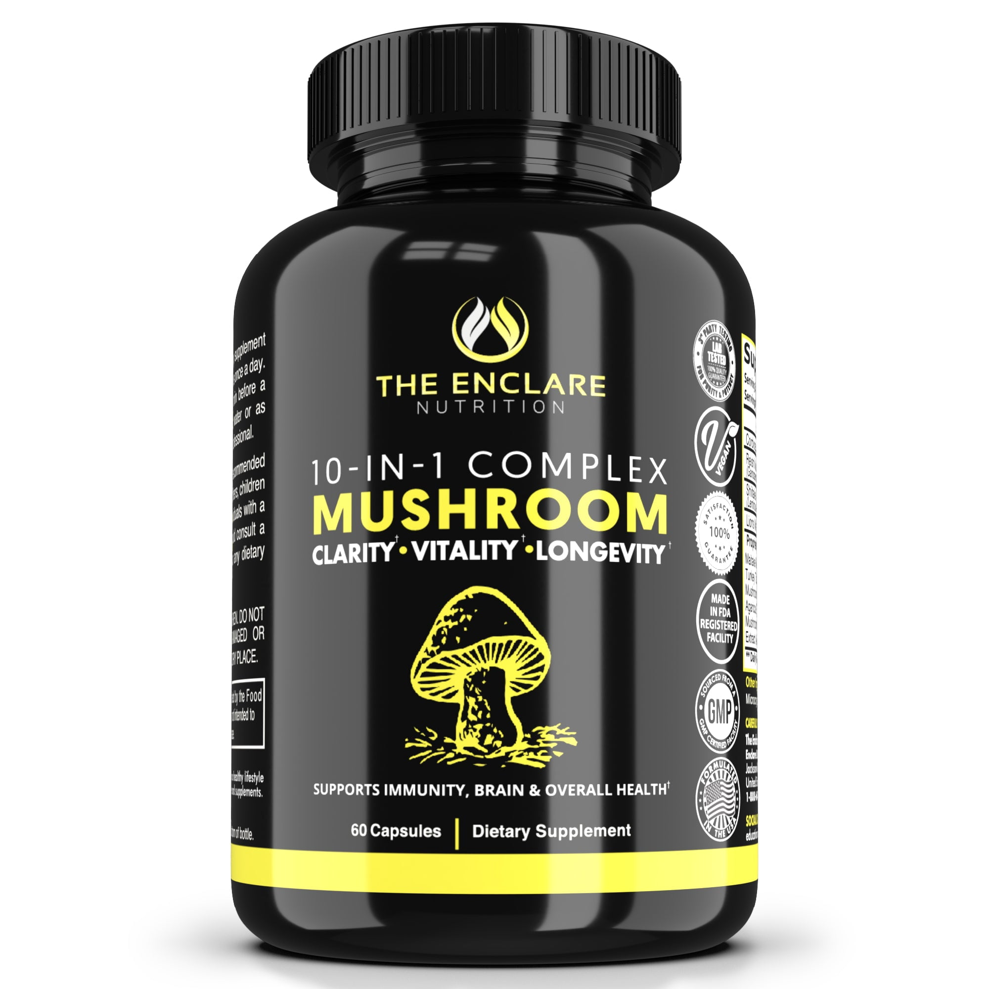 Mushroom Complex Capsules, 10in1 Nootropic Mushrooms with Lion's Mane, Cordyceps, Reishi, Maitake, Chaga, Turkey Tail, Shiitake Mushroom Supplements for Memory, Focus, Immune, Vegan, 60 Ct. with Box