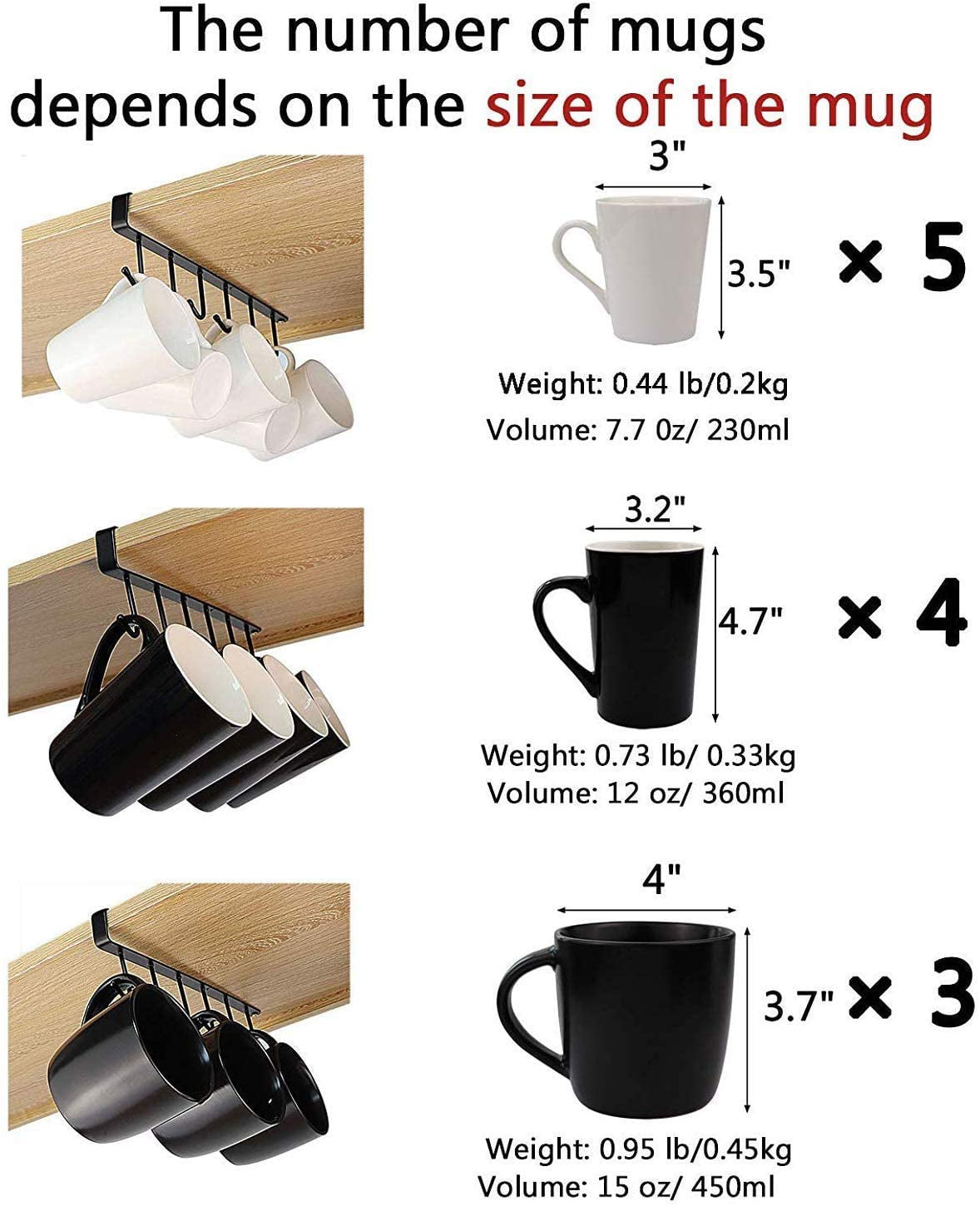 Black- Cup Holder Under Cabinet 2 Pack Coffee Tea Cup Mug Holder with 6 Hooks Under Shelf Glasses Storage Drying Holder Rack Cupboard with 2 Pack Adhesive Screws for Kitchen