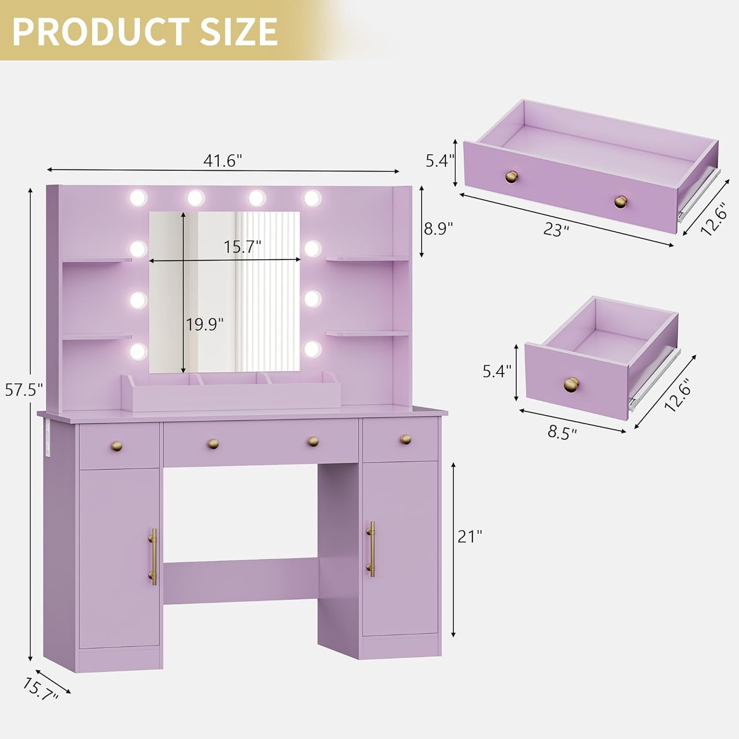 FANRAL 43'' Vanity Desk with 10 LED Lights,Under-Table RGB Strip & Built-in Power Station,Multi-Storage Makeup Table for Bedroom Bathroom Grooming,Purple Vanity