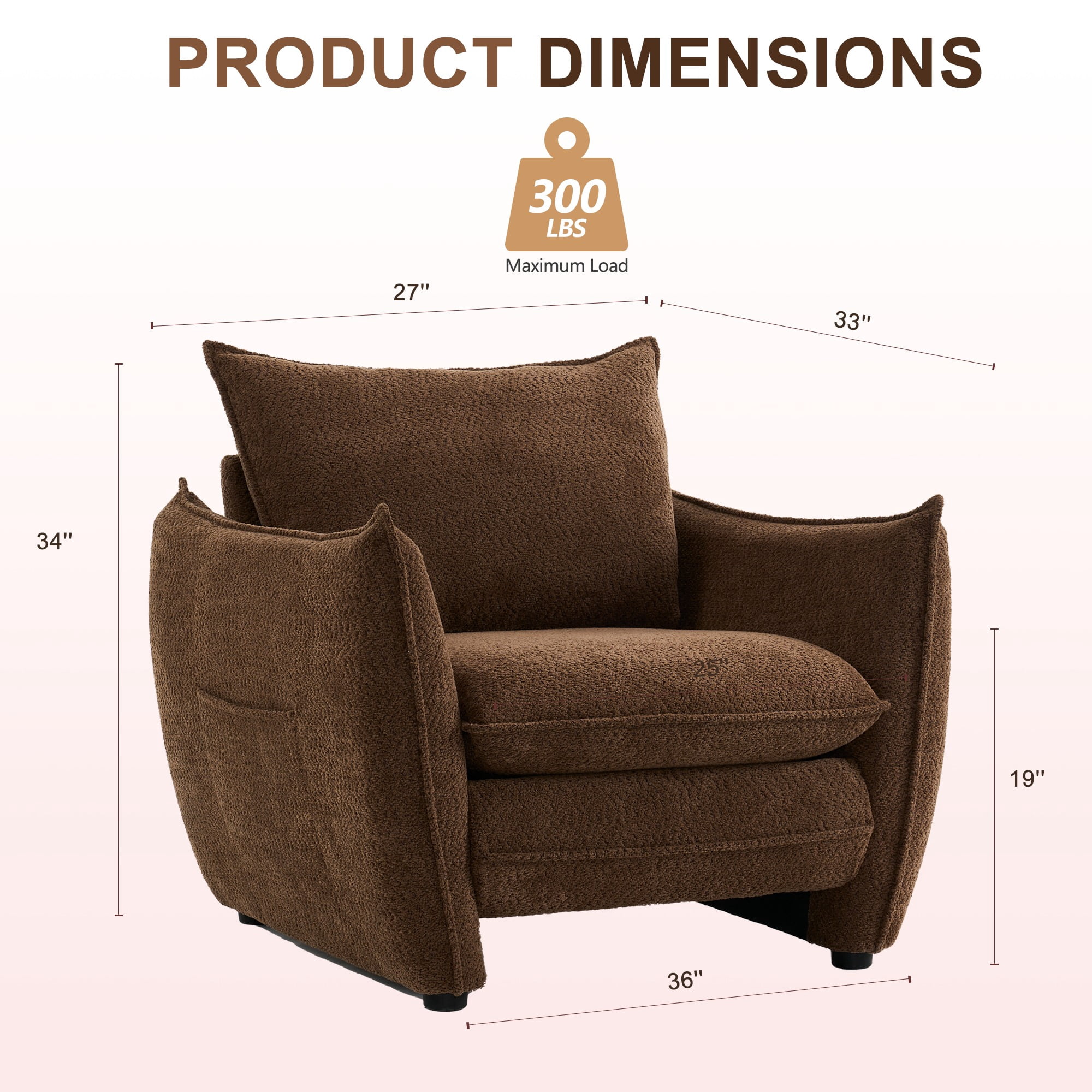 ENYLAY Modern Brown Cloud Chair, Plush Upholstered Sofa Chair, Comfy Single Armchair with Removable Cushions for Living Room, Bedroom, Office