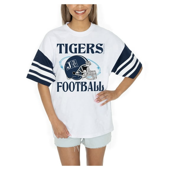 Women's Gameday Couture White Jackson State Tigers Starting Lineup Contrast Sporty Heritage Oversized T-Shirt