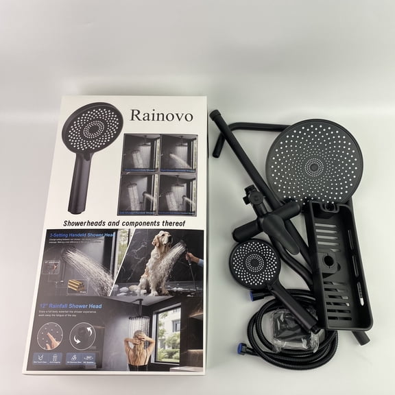 Rainovo Showerheads and components thereof, 10" Ceiling Mount Shower Faucet Set with Rain Shower Head And Multi-function Handheld Head Push Button Diverter Pressure Balancing Valve Kit, Matte Black