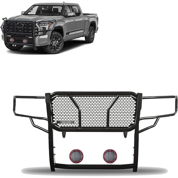 Black Horse RUGGED Heavy Duty Grille Brush Bumper Guard Modular Black Come With Pair of 5.3" Dia.LED Lights with Red Trim Rings Compatible with 2022-2024 Toyota Tundra-RU-TOTU22-B-PLFR