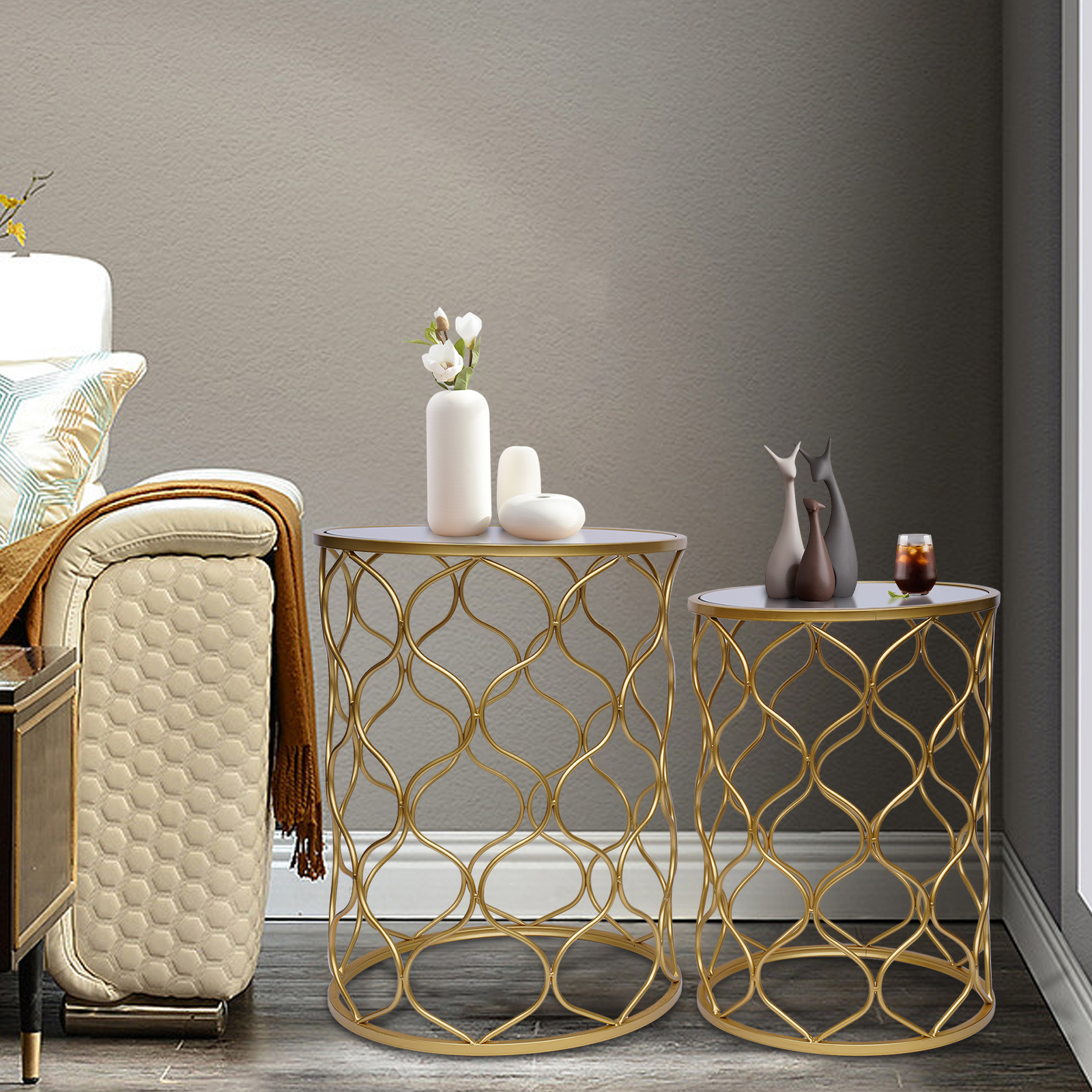 Miumaeov Set of 2 Gold Metal Nesting Side End Table, Modern Round End