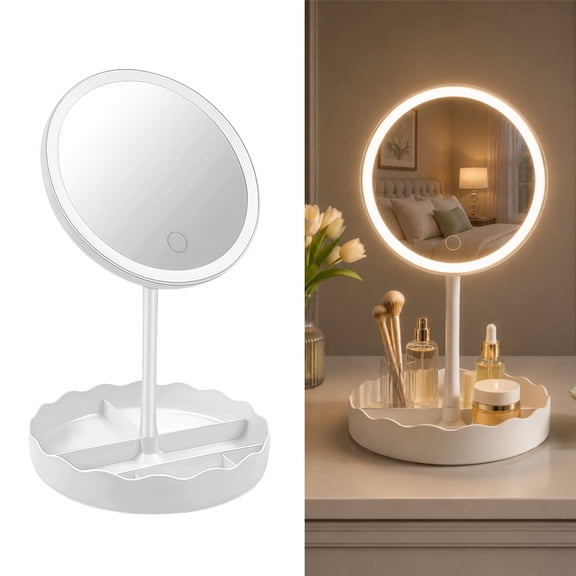 Makeup Mirror with Lights, Lighted Make Up Mirror with 3 Color Lighting, Touch Control Vanity Mirror with Storage Tray and Adjustable Brightness for Bedroom Desk Bathroom