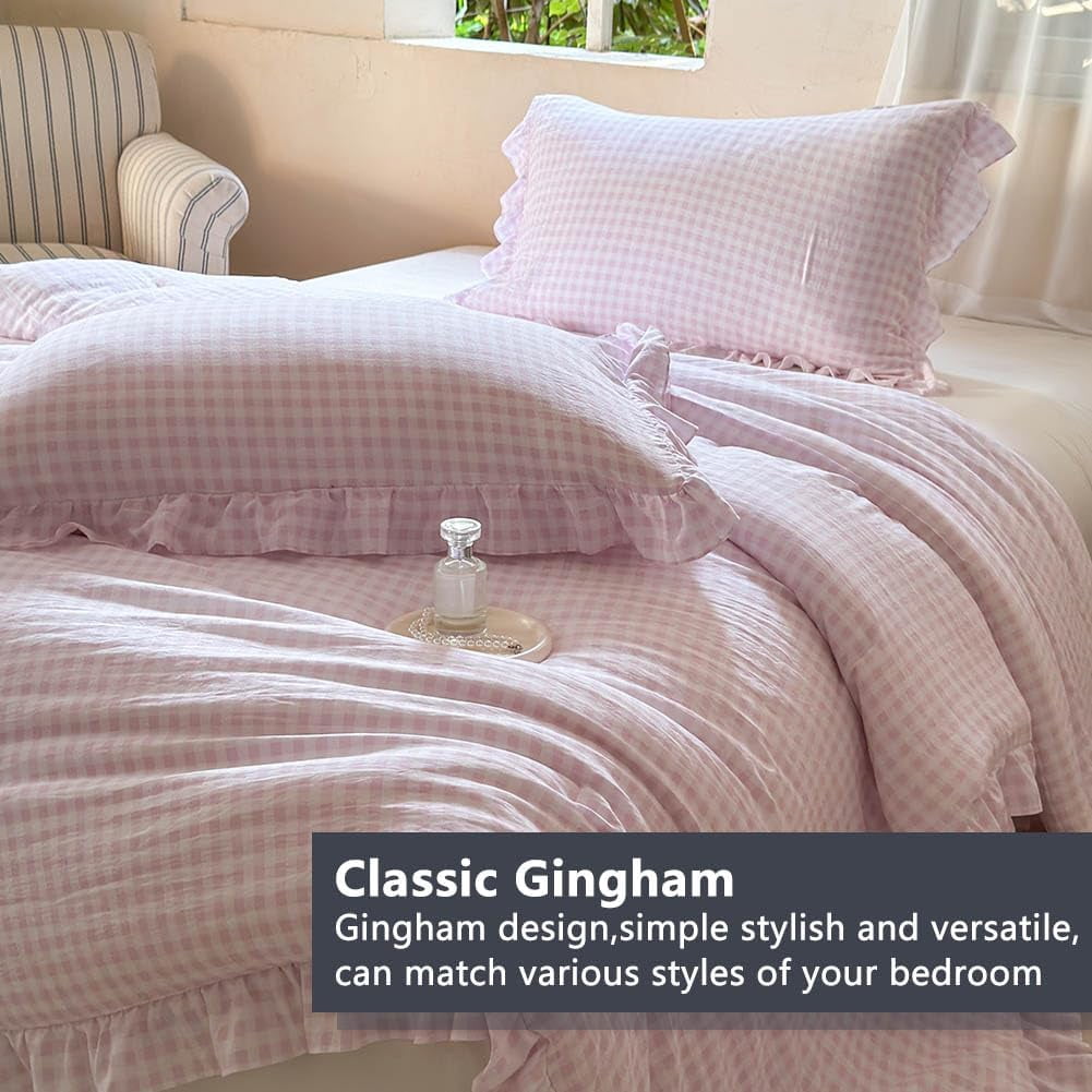 Pink Gingham Ruffle Twin Comforter Set, Pink Ruffled Plaid Bedding Set, Ruffled Checked Bed Comforter 2 Pieces(Pink Gingham, Twin)