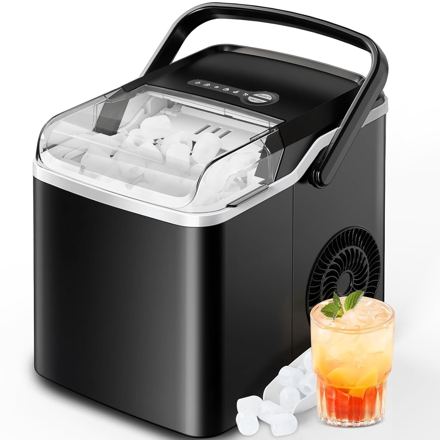 Countertop Ice Maker, 9 Cubes Ready in 6 Mins, 26lbs in 24Hrs, Portable Ice Machine with Self-Cleaning, 2 Sizes of Bullet Ice for Home/Kitchen/Party/RV, Black
