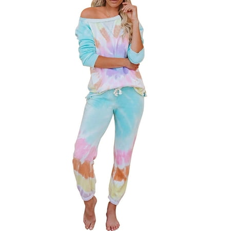 

Womens Tie Dye Printed Long Sleeve Tops and Pants Long Pajamas Set Joggers Sets Nightwear Loungewear