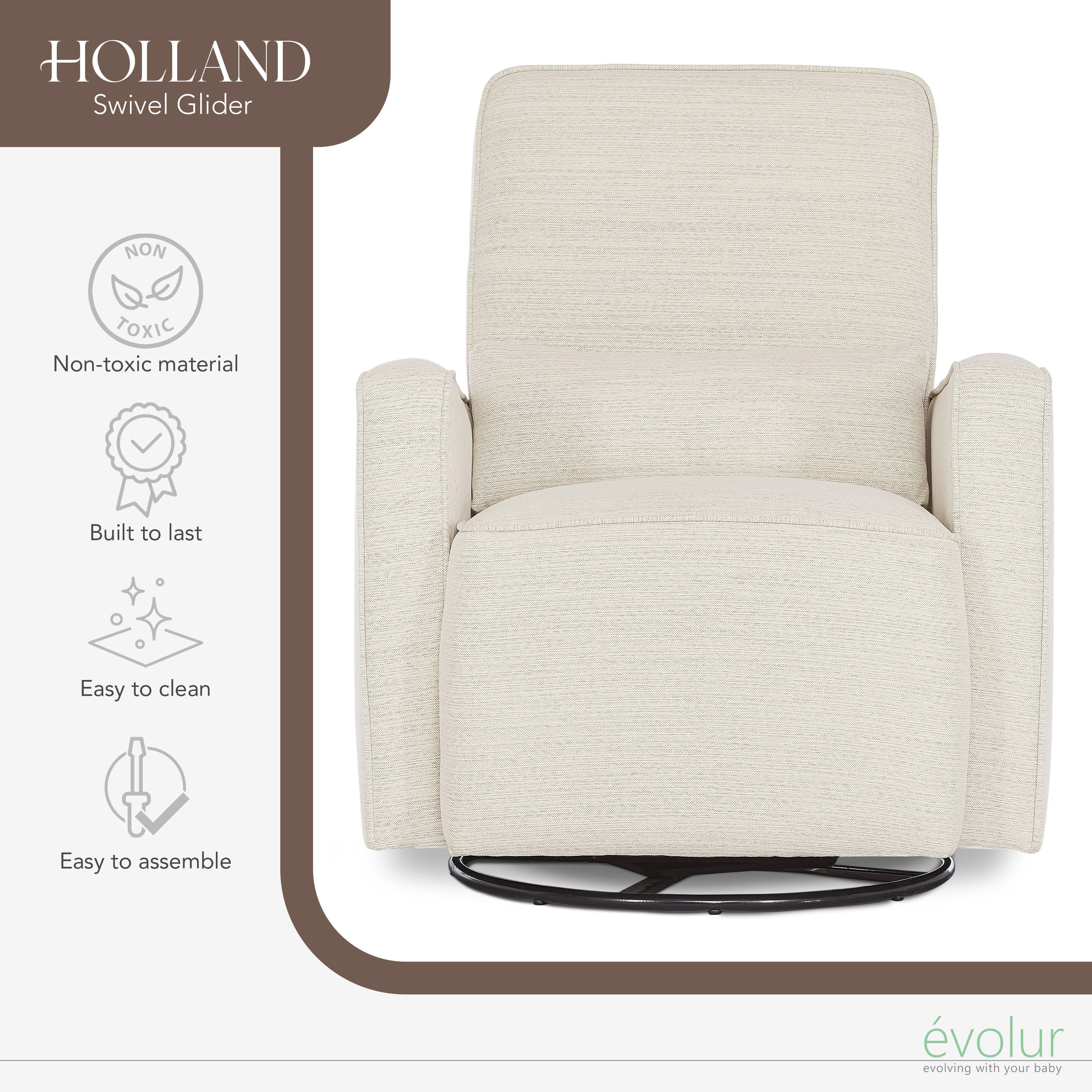 Evolur Holland Upholstered Swivel Glider | Rocker I Included Lumbar Pillow I Modern Design, Thunder