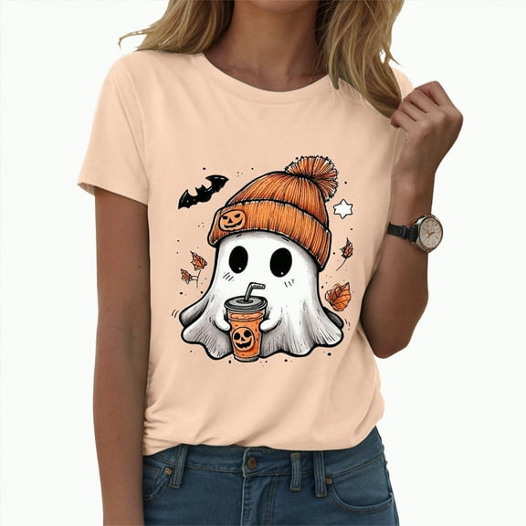 enyan Cute Ghost Pumpkin Graphic Shirt Fall Tshirt Graphic Tees casual Short Sleeve Tops Halloween Tshirts for Women Light Yellow,L