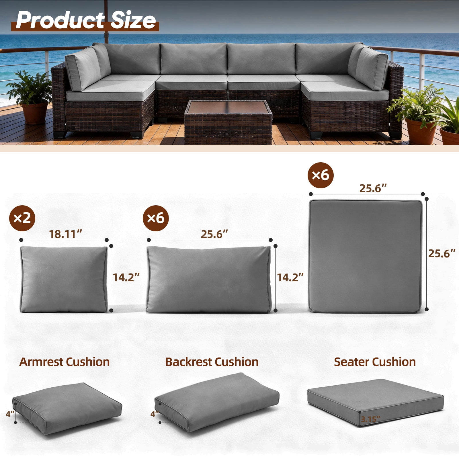 14-Piece Patio Furniture Replacement Cushion Set with Washable Covers, Waterproof Sectional Outdoor Sofa Cushions (6 Seat + 6 Back + 2 Armrest), 4" High-Density Foam with Anti-Slip Base, Gray