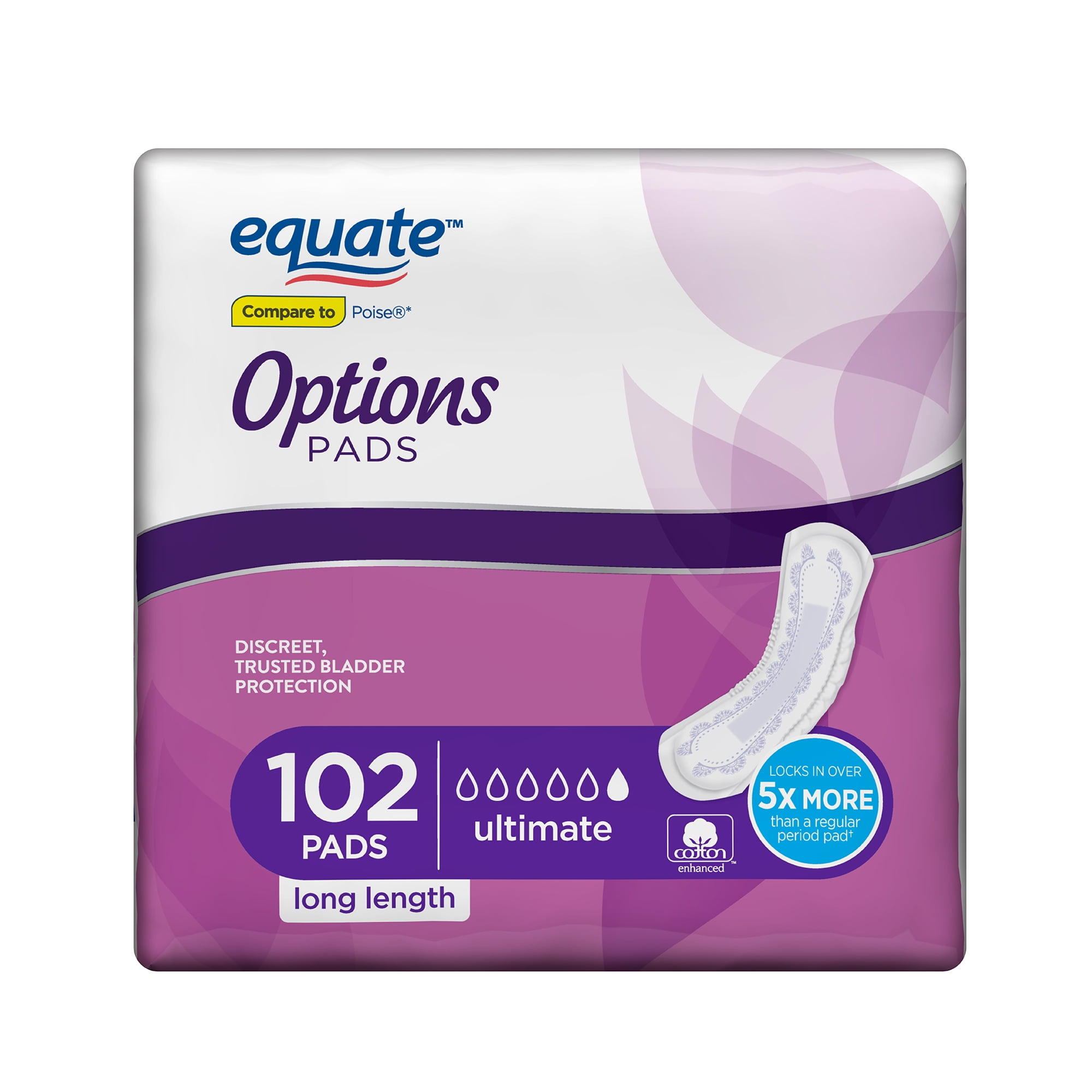 Equate Options Incontinence Pads for Women, Ultimate, Long, 102 Count