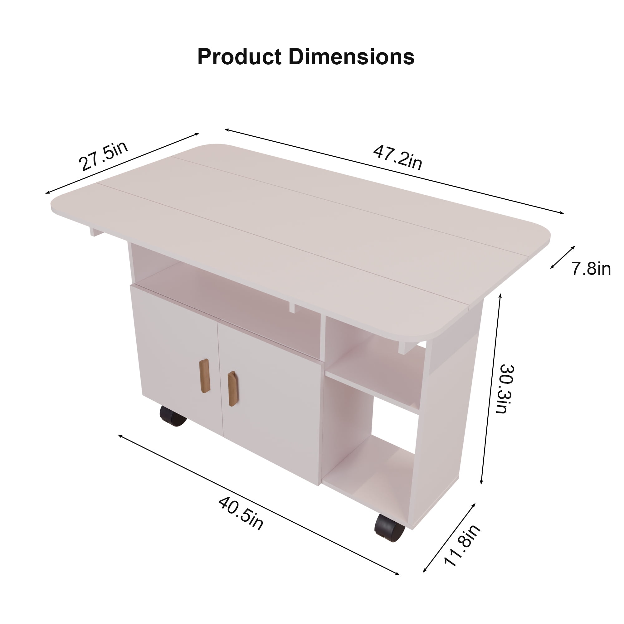 Folding Dining Table with Drawer Movable Kitchen Table Drop Leaf Table,&nbsp;with Built-In Drawer and 6 Wheels for Small Spaces Craft and Dining Use, White