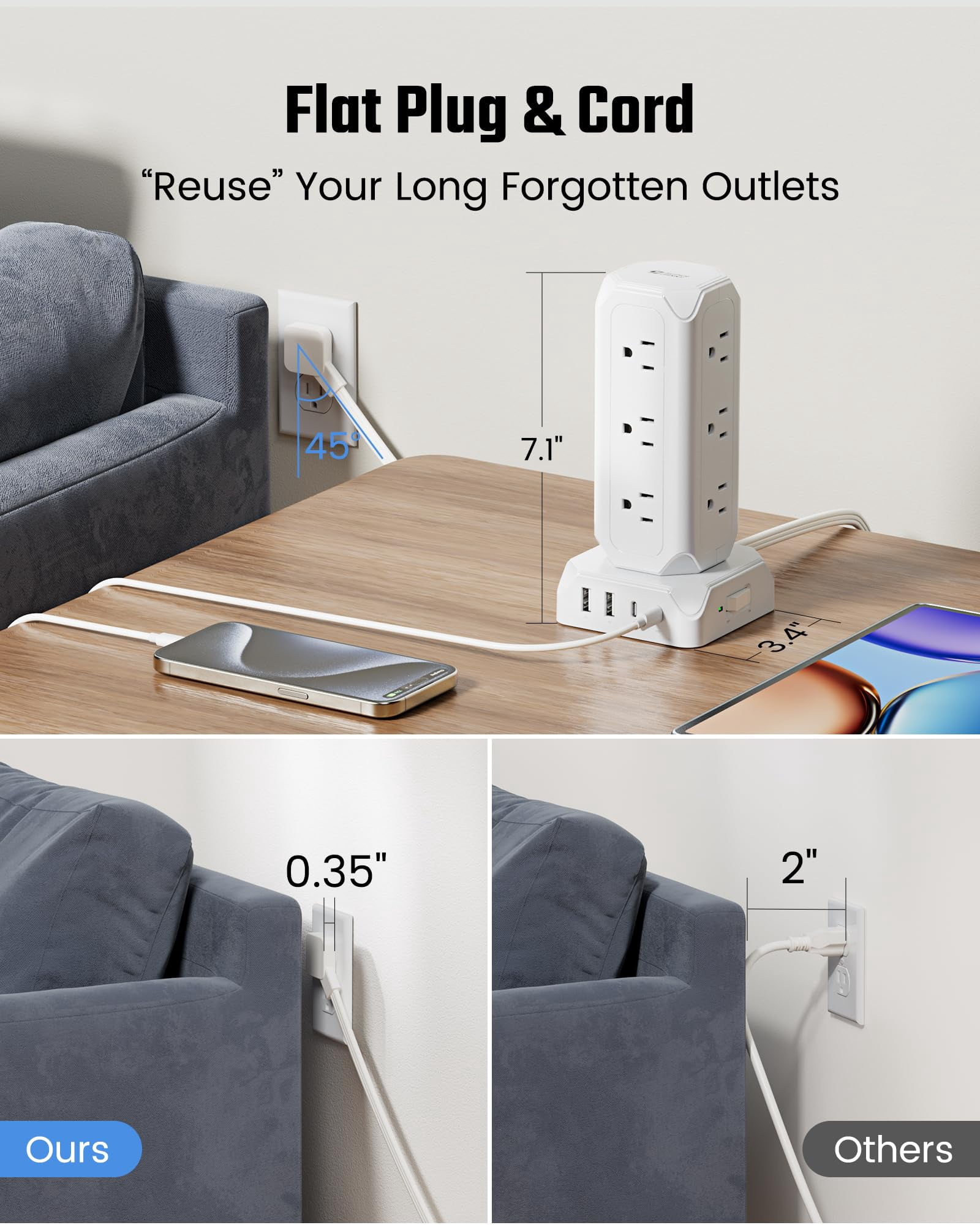 Koosom 35W Power Strip Tower,10FT Long Extension Cord,16-Outlet USB C Surge Protector, 12 AC Outlet,2 USB C and 2 USB A Ports Charging Staion