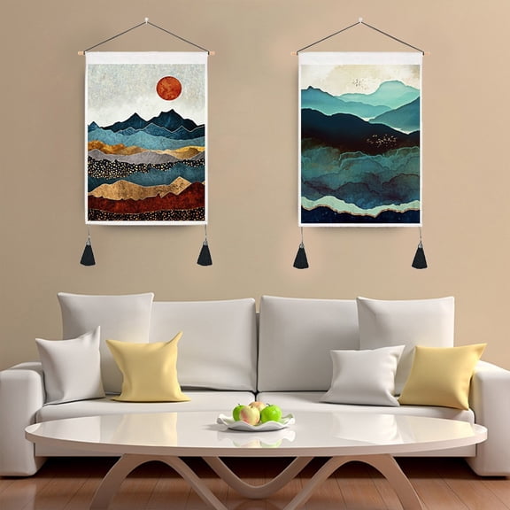 2 Pack Mountain Tapestry With Tassels Misty Forest Tapestry Wall Hanging Decor