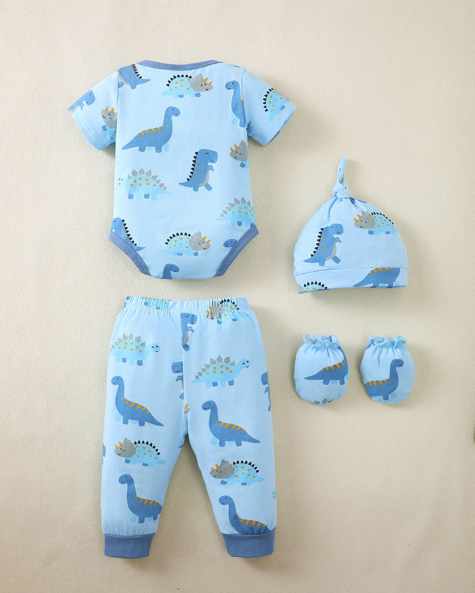 KIMI BEAR Newborn Baby Boys Layette Set 6-12 Months Shower Gift 4-Packs Pant Sets Romper Set Short Sleeves Long Sleeves Romper Dinosaur Print Clothes with Hats and Gloves 15pcs Clothes Blue