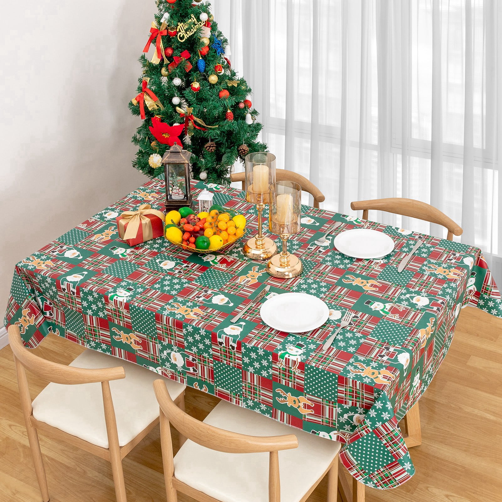RAY STAR Christmas Tablecloth 60x120 inch Rectangle Xmas Tablecloth Waterproof Vinyl Tablecloth with Flannel Backing