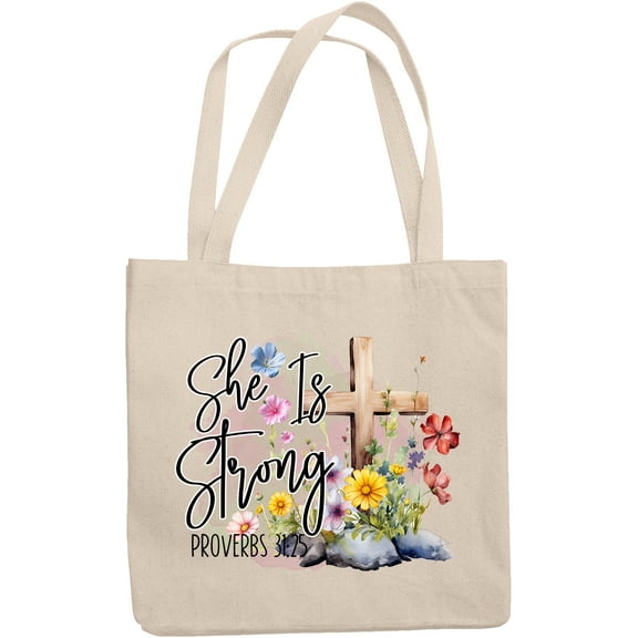She Is Strong Proverbs 31 25 Bible Verse with Watercolor Cross & Flowers Art Merch Gift, 12oz Canvas Tote Bag