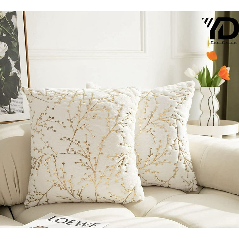 Set of 2 Fluffy Faux Fur Pillow Covers Gold Branches Glitter Throw Pillows Decorative Soft Furry Sparkling Square Cushion Cases for Sofa Bedroom Party