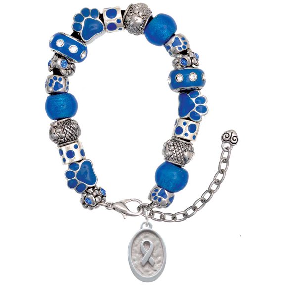 Delight Jewelry Silvertone Awareness Ribbon - Oval Seal Blue Paw Print Bead Bracelet, 7" 2"