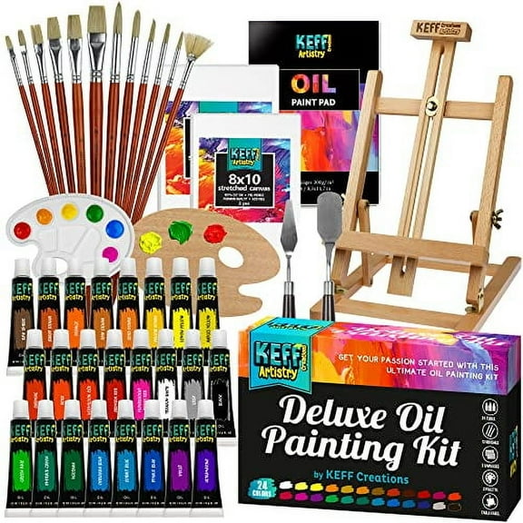 KEFF Oil Paint Set for Adults and Kids - Artists Supplies Painting Kits with 24 Oil Paints, Stretched Canvas, Art Easel, Brushes, Palette, Knives and Paper Pad