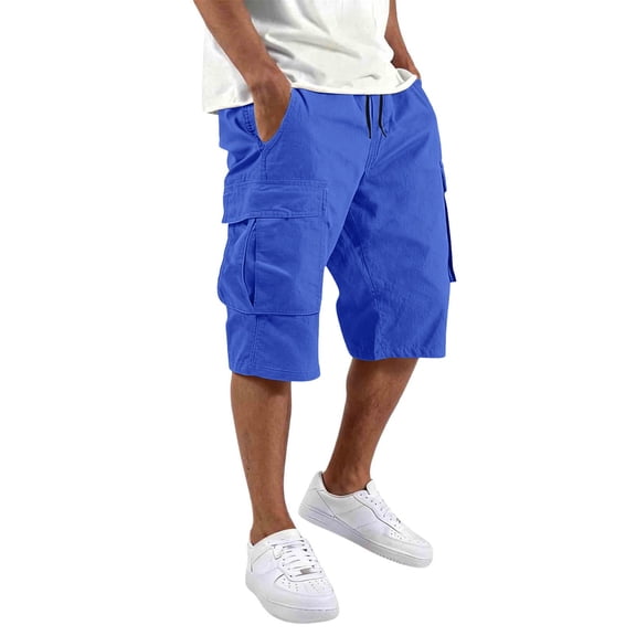 Yuncity Shorts For Mens Knee-Length Drawstring High Waist Elastic Solid Color Loose Fit Summer Comfortable Outdoor Daily Wear Men's Shorts Size L Blue