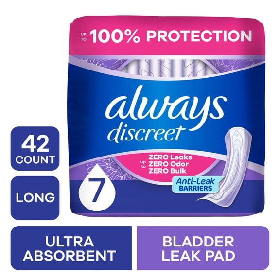 Always Discreet Adult Incontinence Pads for Women, Ultimate Extra Absorbency, Long Length, Postpartum Pads, 42 Count