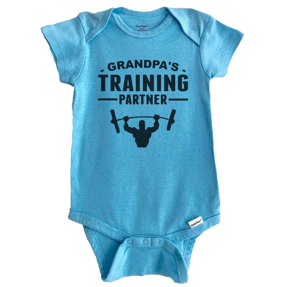 Grandpa's Training Partner Weightlifting Fitness Baby Bodysuit (Blue), 0-3 Months