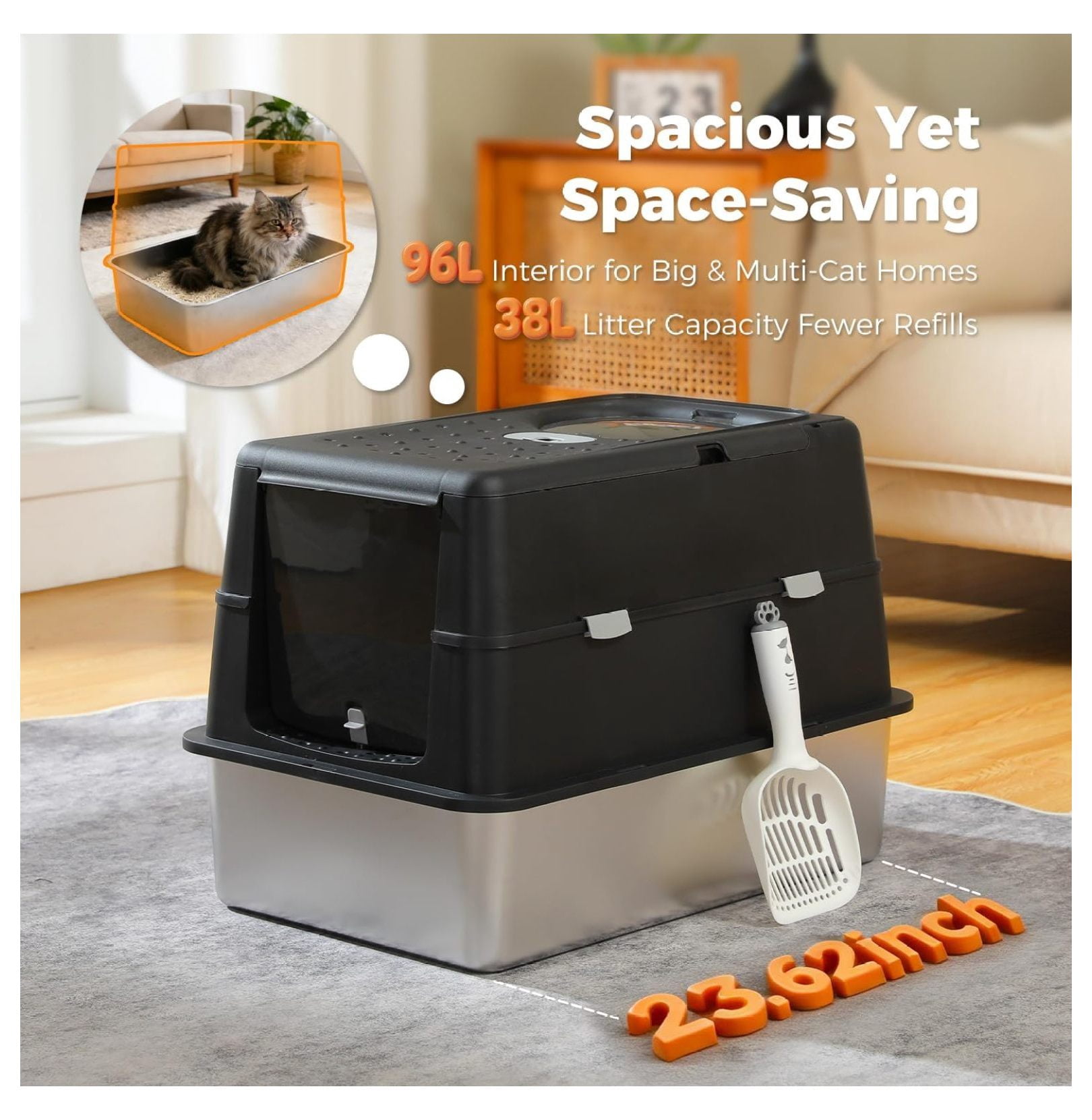Stainless Steel Litter Box with Lid, Anti-Leak & Odor Free Enclosed Box, XL Extra Large High Sided for Big Cats, Front Top Dual Entry, Includes (Black)