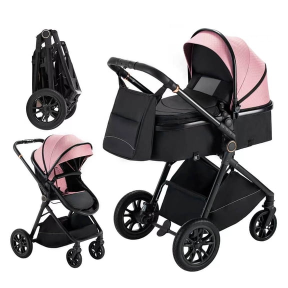 Kavellin 2 in 1 Baby Stroller, Convertible Pushchair Stroller for Infants and Newborns 0-36 Months, Infant Stroller with 5 Point Harnesses, Cup Holder, Bug Shield, Rain Shield, Storage Bag (Pink)