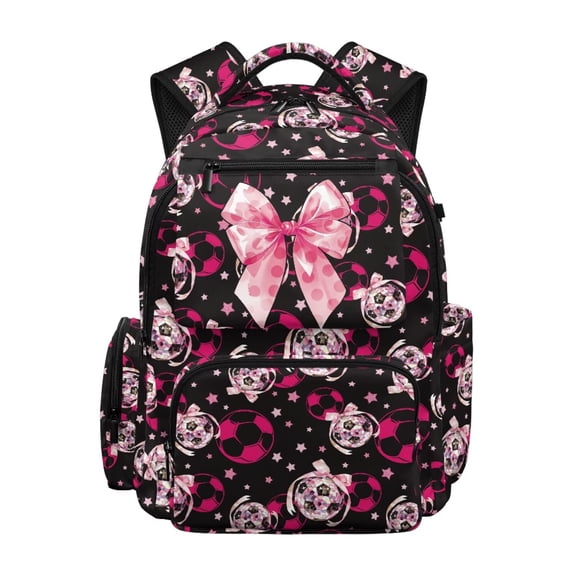 HUIACONG Pink Bow Soccer Print School Backpack for Girls Age 5-12, Multi Pocket Sturdy Bookbag, Adjustable Padded Straps, Water Resistant Lightweight Large Capacity School Bag for Kids