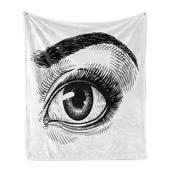 Eyeball Soft Flannel Fleece Throw Blanket, Female Eye Makeup Themed Artwork Sketch Illustration Vintage Design, Cozy Plush for Indoor and Outdoor Use, 50" x 60", Black and White, by Ambesonne