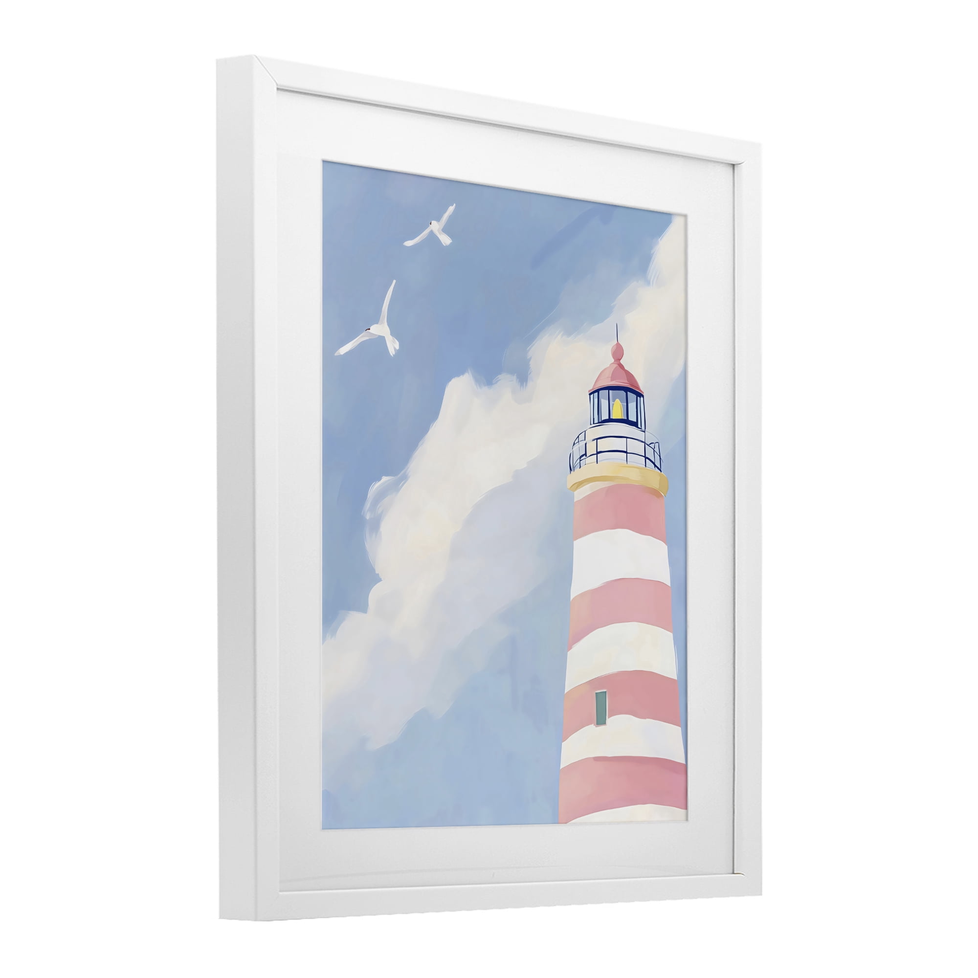 Stupell Industries Striped Lighthouse with Seagulls White Framed Print Under Glass, design by The Prints Vibe