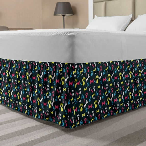 Dog Lover Bed Skirt, Cool Canine Elements Paw Marks and Bones Ornamental Abstract Composition Image, Elastic Bedskirt Dust Ruffle Wrap Around for Bedding Decor, 4 Sizes, Multicolor, by Ambesonne