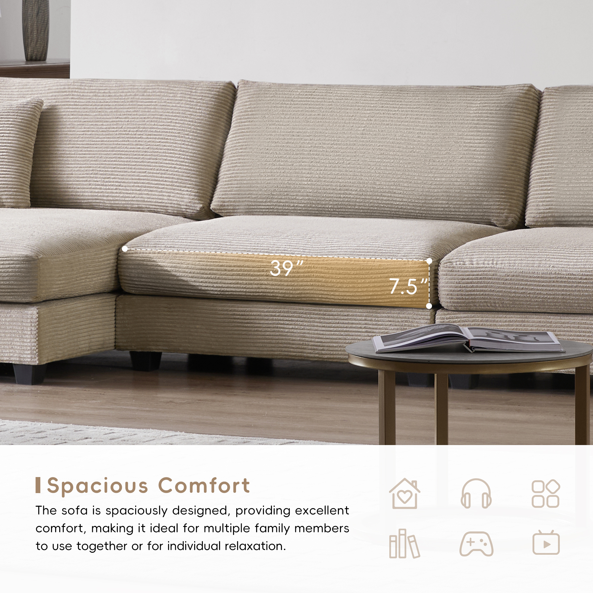 EUROCO 134" Oversized L Shaped Sectional Sofa Couch, 4 Seat Corduroy Deep Seat Sofa Bed with USB Charging Port, Cup Holder and 50" Chaise, Comfy Indoor Furniture for Living Room, khaki