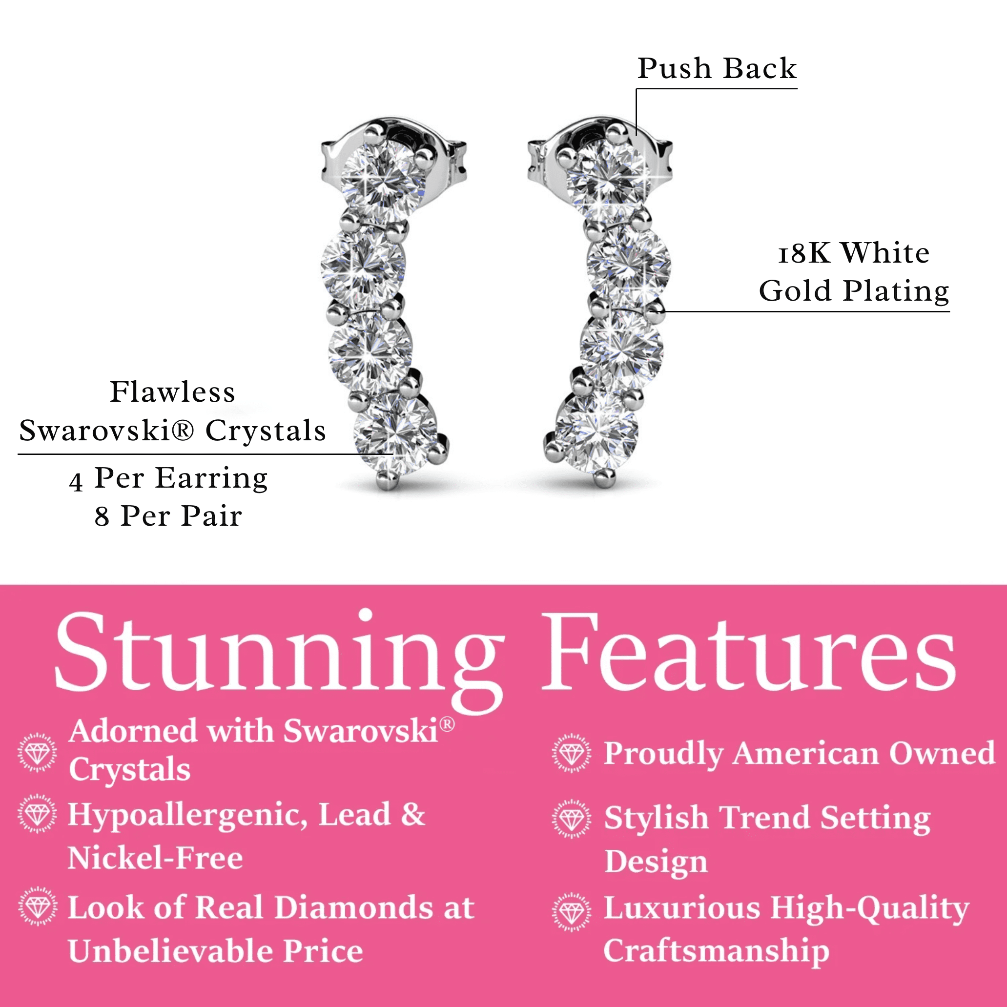 Cate & Chloe Aubree 18k White Gold Plated Drop Earrings with Swarovski Crystals Gift for Women