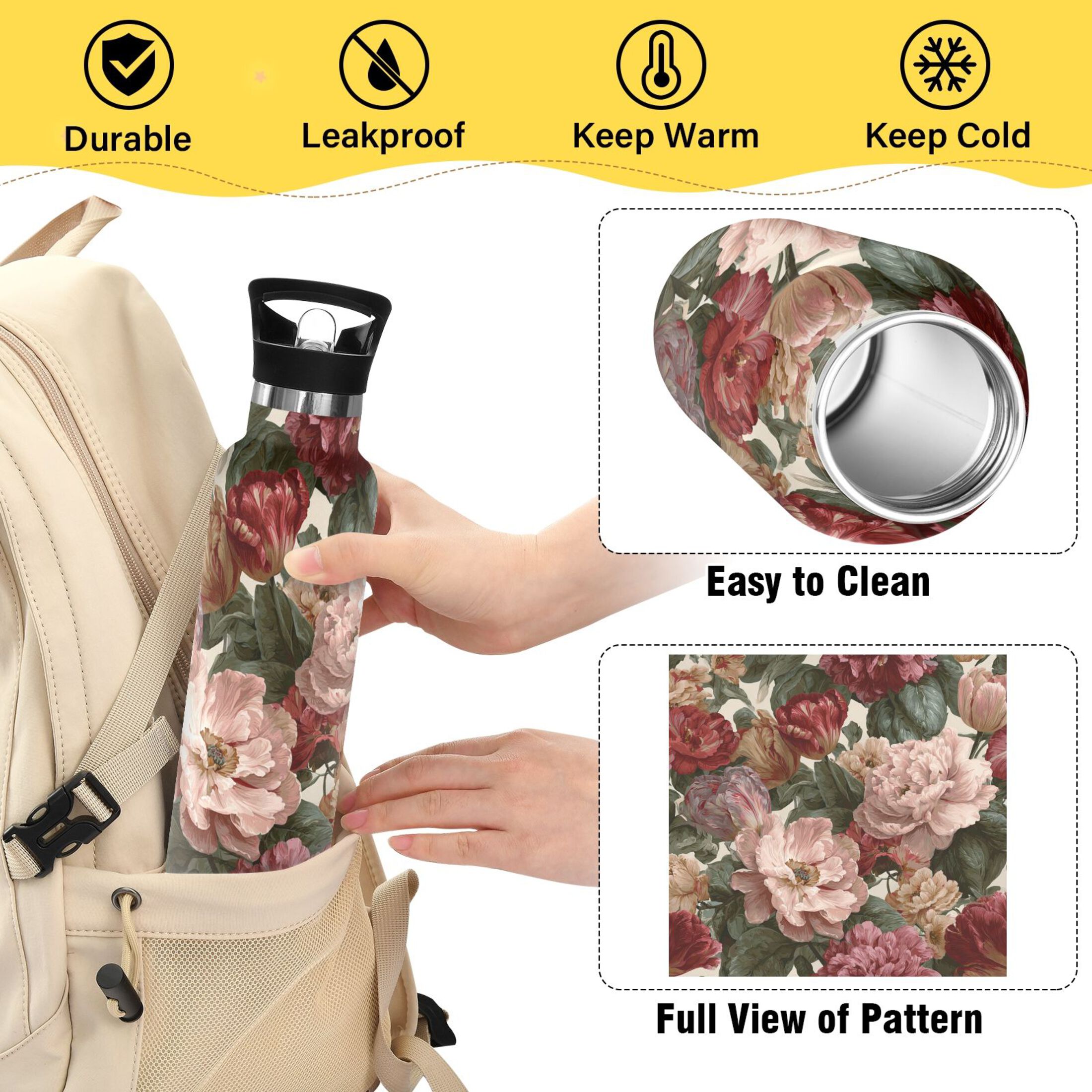 600ML Stainless Steel Insulated Cup Sports Water Bottle Portable Thermos Cup Water Glasses Insulated Tumblers Convenient and Durable Retro Flowers