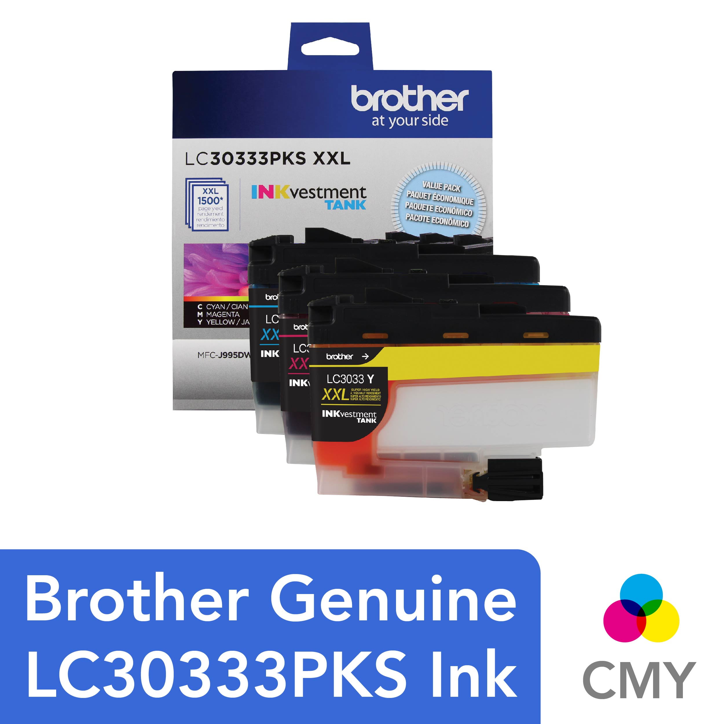 Brother Genuine LC30333PKS 3-Pack, Super High-yield INKvestment Tank Ink  Cartridges; Includes 1 Cartridge each of Cyan, Magenta & Yellow, Page Yield  