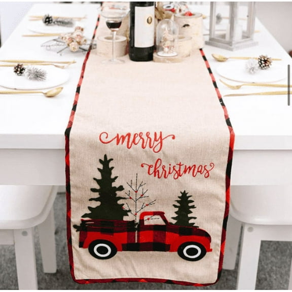 Christmas Table Runner Plaid Truck & Christmas Tree ( 71”L X 13.5”W)